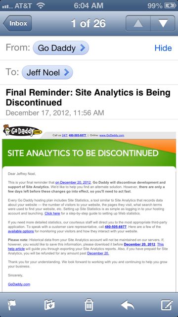 screen shot of Godaddy's final day of Site Analytics