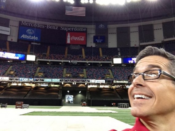 Dead center midfield on the Super Dome floor, looking south