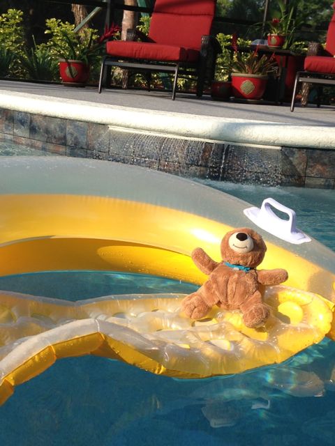 Orlando pool with Teddy Bear on bright yellow raft