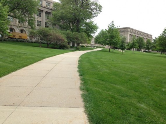University of Iowa campus sidewalk view of Old Capital Building