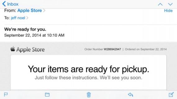 Apple email that iPhone 6 is ready for pickup