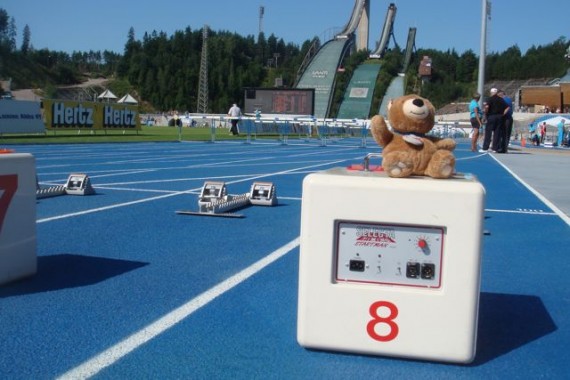 Teddy Bear at Track meet starting line