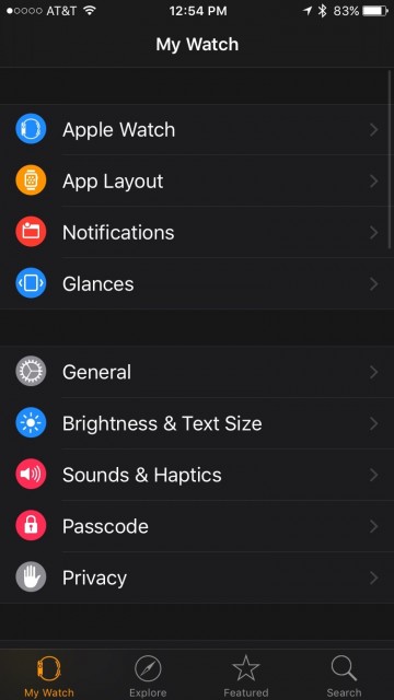 Apple Watch settings screen