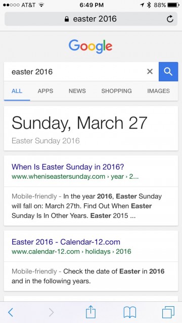 Google search screen shot for Easter 2016
