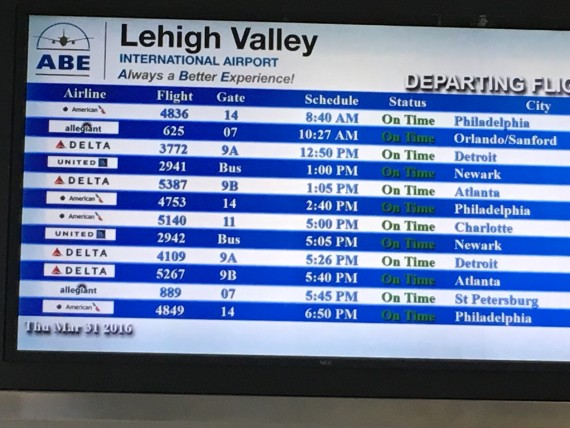 Lehigh Valley Airport departures sign