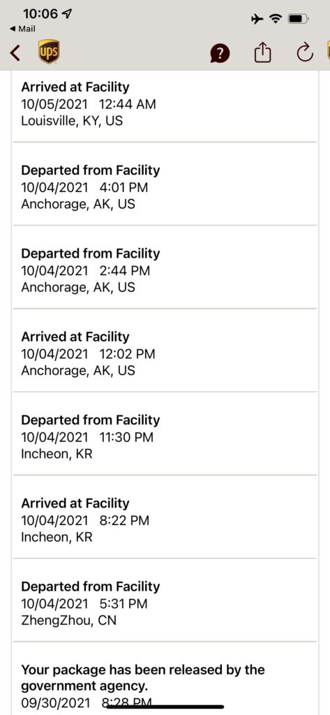 UPS tracking screen shot