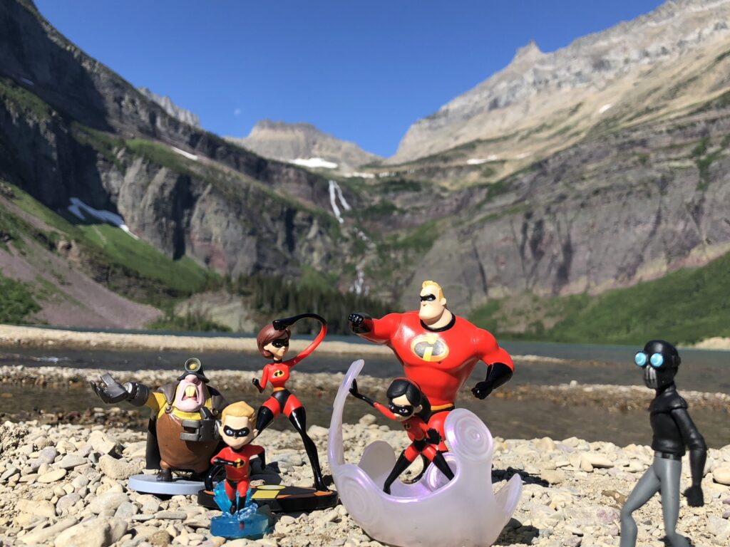 Pixar Incredibles toys in the mountains