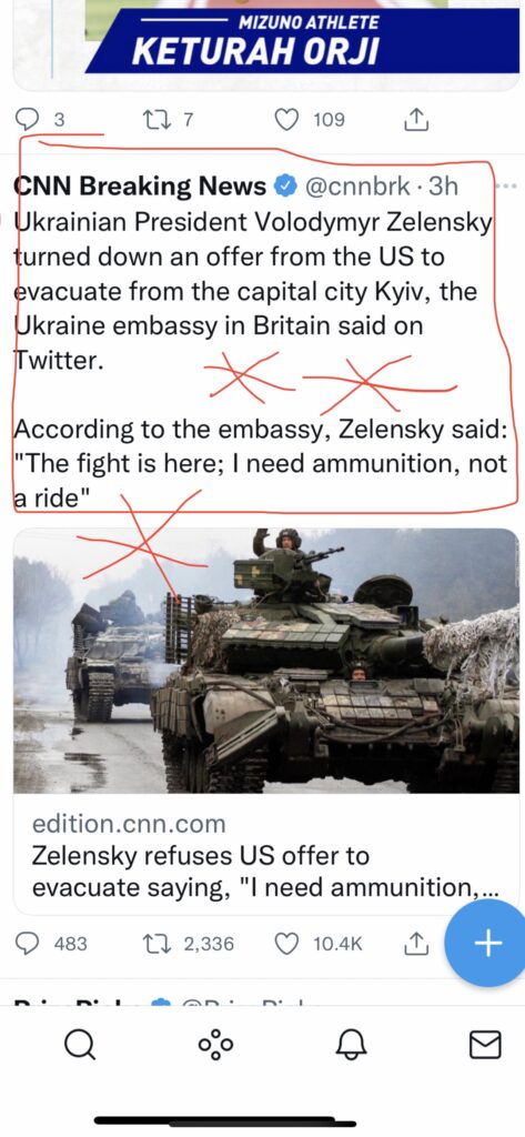 Twitter screen shot quoting Ukrainian President Zelensky