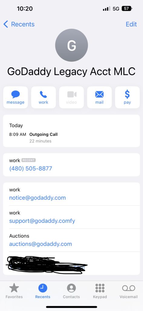 Screenshot of Apple contact