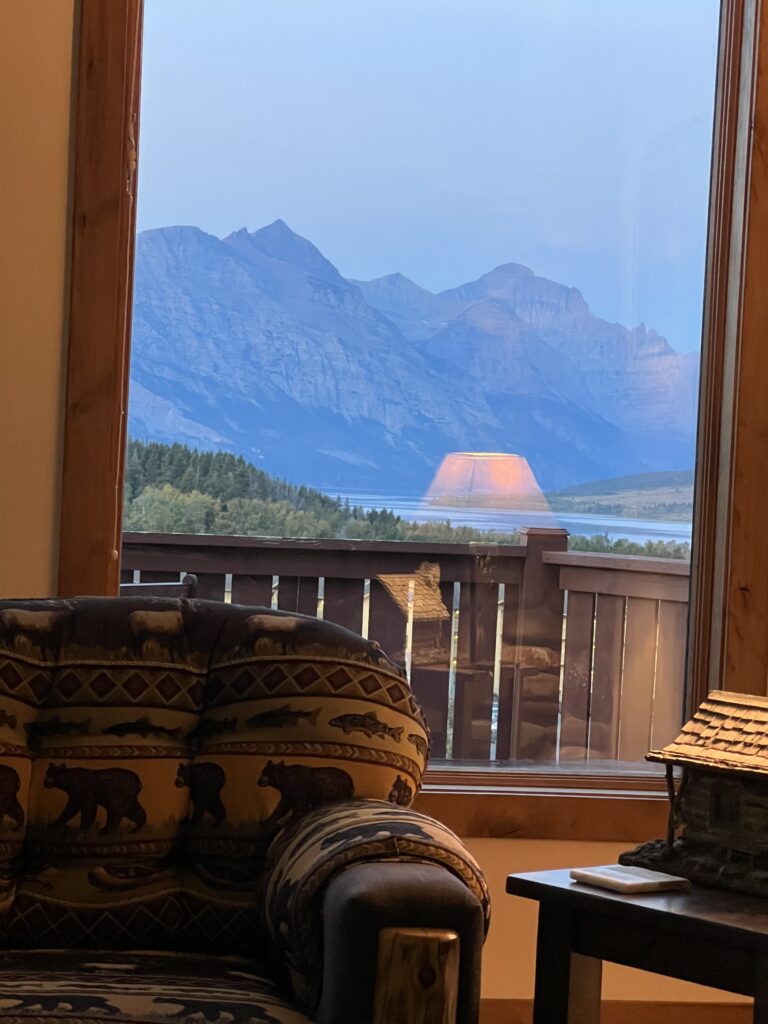 Living room with mountains out the window