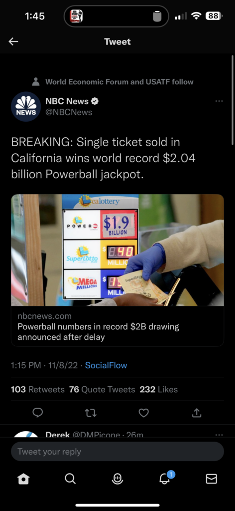 Twitter screenshot, announcing Powerball winner
