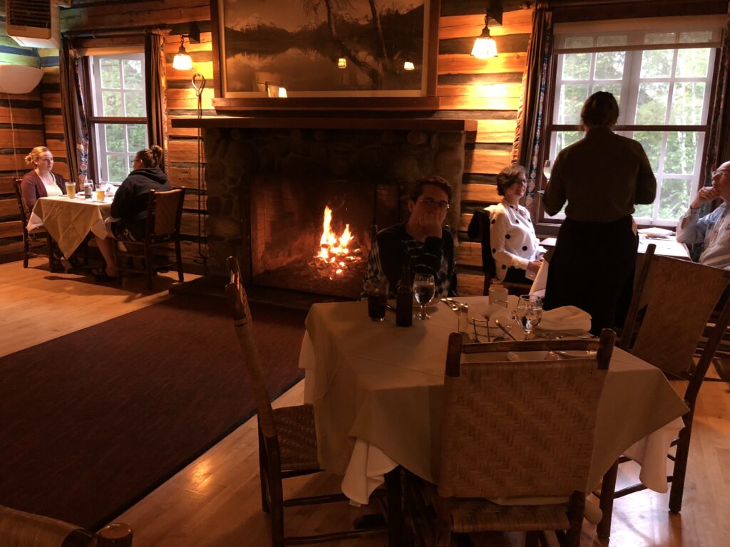 National Park Lodge dining room with fireplace