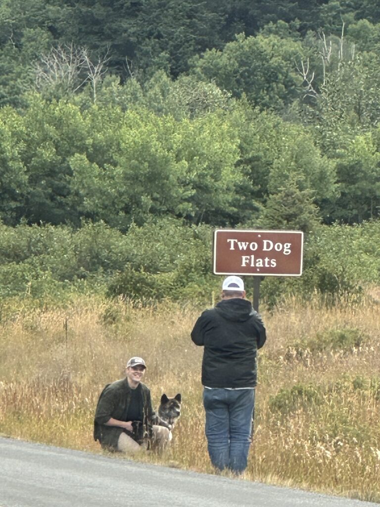 Person taking a picture of a person with two dogs by a sign
