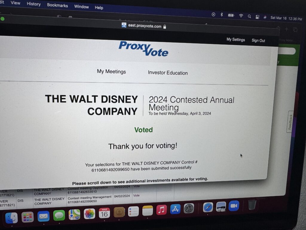 Disney shareholder proxy vote screen