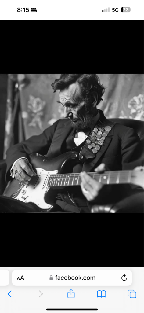 AI image of Abe Lincoln with an electric guitar