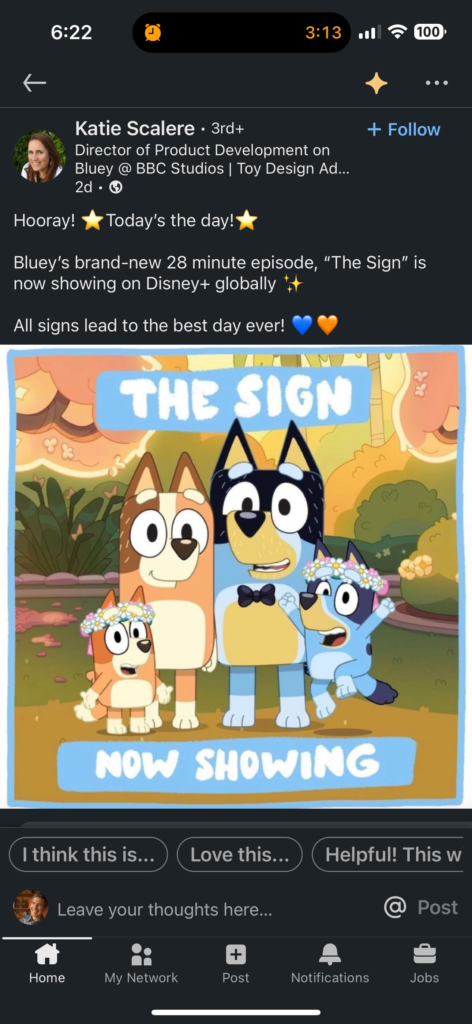 Social media post about touching Bluey episode