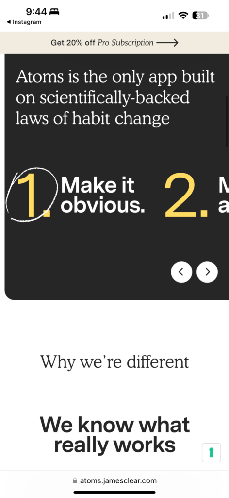 Instagram screen shot with creating habits tip