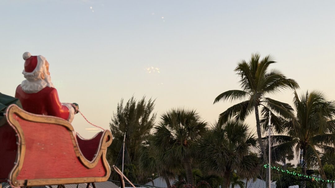 Santa sleigh on the top of a roof on a palm tree laden island