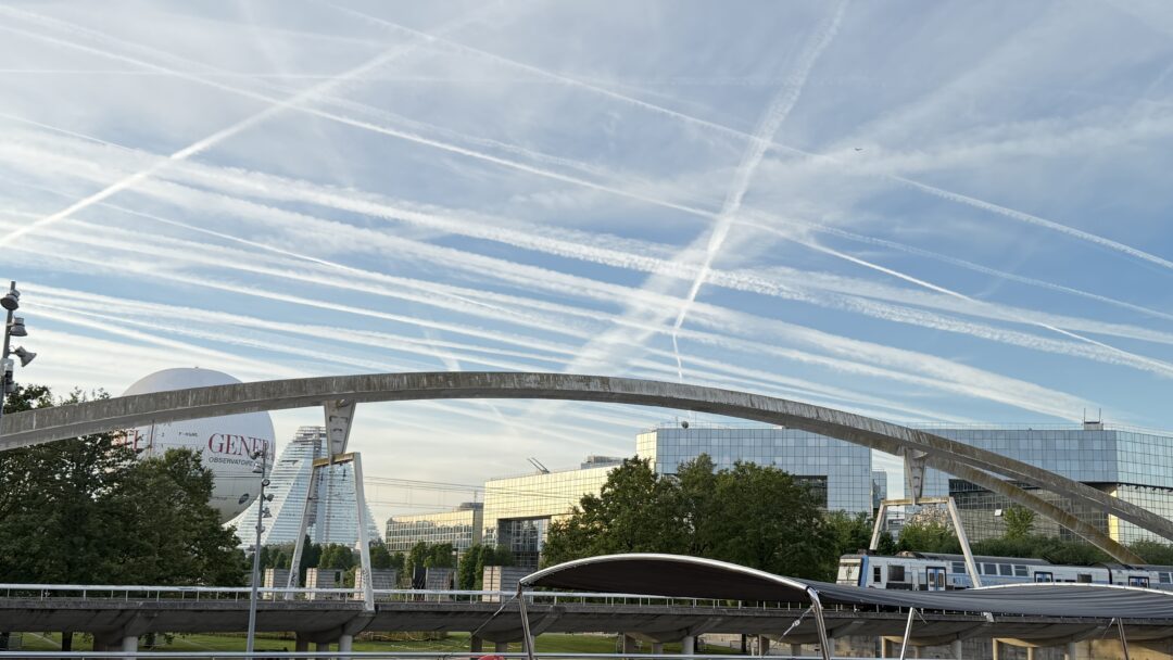 Unusual sky with many jet streams